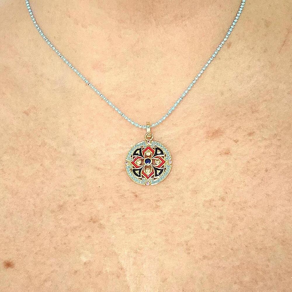 Statement Necklace Pendant Blue Turquoise CZ Adjustable Unique Micro Ball Chain